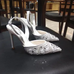 Charmig Elfenben Brudskor 2019 Polyester Ankelband Beading Rhinestone Pärla 9 Cm Stilettklackar Spetsiga Bröllop Högklackade
