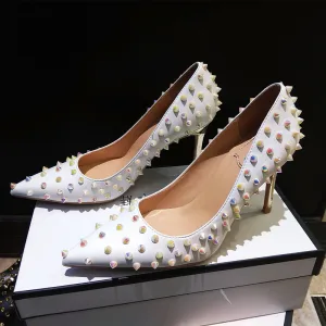 Moderne Mode Ivoire Soirée Escarpins 2019 Rivet 9 Cm Talons Aiguilles À Bout Pointu Escarpins