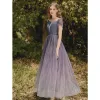 Modest / Simple Gradient-Color Purple Prom Dresses 2021 A-Line / Princess Square Neckline Short Sleeve Backless Floor-Length / Long Formal Dresses