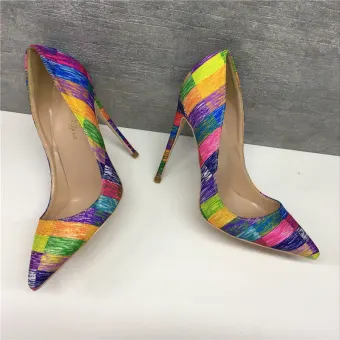 Amazing Unique Casual Multi Colors Color Block Doodle Pumps 2019 Leather 12 Cm Stiletto Heels Pointed Toe Pumps