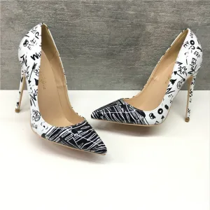 Moda Blanco Negro Garabatear Noche Tacones 2019 Cuero 12 Cm Stilettos Tacones De Aguja Punta Estrecha Tacones