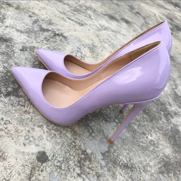 Modest / Simple Lavender Office Pumps 2019 Leather 12 cm Stiletto Heels Pointed Toe Pumps