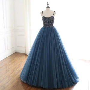 Charming Ocean Blue Prom Dresses 2019 A Line Princess Spaghetti Straps Beading Pearl Sequins Sleeveless Backless Floor Length Long Formal Dresses