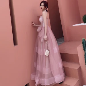 Charmant Rougissant Rose Robe De Soirée 2019 Princesse Bretelles Spaghetti En Dentelle Fleur Sans Manches Dos Nu Longue Robe De Ceremonie