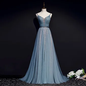 Chic Belle Bleu Robe De Soirée 2019 Princesse Bretelles Spaghetti Perlage Paillettes Sans Manches Dos Nu Longue Robe De Ceremonie