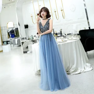 Charmant Océan Bleu Robe De Soirée 2019 Princesse V Cou Perlage Cristal Sans Manches Dos Nu Longue Robe De Ceremonie