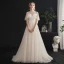 Légère Champagne Robe De Mariée 2019 Princesse Col Haut Perlage Cristal En Dentelle Fleur Manches Courtes Dos Nu Train De Balayage