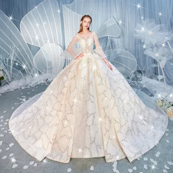 Luxe Champagne Trouwjurken 2019 Baljurk V Hals Kralen Pailletten Kant Bloem Bell Mouwen Ruglooze Royal Train
