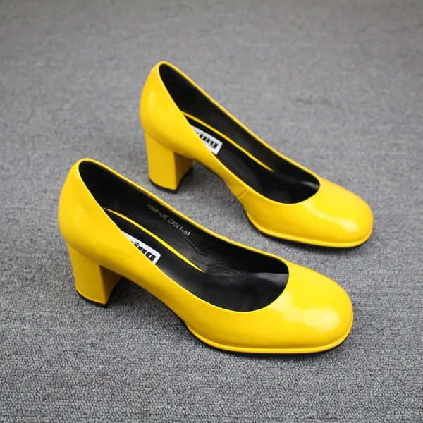 Modest / Simple Yellow Casual Womens Shoes 2019 Leather Patent Leather 6 cm Stiletto Heels Round Toe Pumps