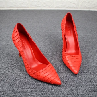 Chic Belle Rouge Soirée Escarpins 2019 Cuir Motif Peau De Serpent 9 Cm Talons Aiguilles À Bout Pointu Escarpins