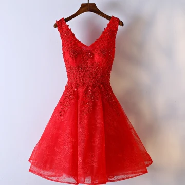 Chic Belle Rouge Robe De Ceremonie Robe De Bal 2017 En Dentelle Fleur Paillettes Dos Nu V Cou Sans Manches Robe Boule Courte