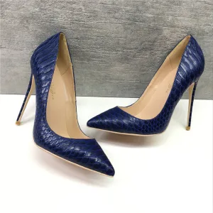 Edles Königliches Blau Freizeit Pumps 2019 Leder Schlangenhautmuster 12 Cm Stilettos Spitzschuh Pumps