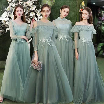 Modest Simple Mint Green Bridesmaid Dresses 2021 A Line Princess Scoop Neck Lace Flower 1 2 Sleeves Backless Floor Length Long Tulle Wedding Party Dresses