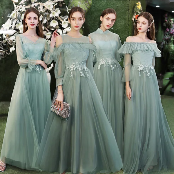 mint green bridesmaid dresses Mint Green V Neck Long Simple Pleated Bridesmaid Dress with Lace TP0892 Custom Size / As Picture main image 1