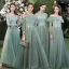 Modest / Simple Mint Green Bridesmaid Dresses 2021 A-Line / Princess Scoop Neck Lace Flower 1/2 Sleeves Backless Floor-Length / Long Tulle Wedding Party Dresses