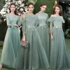 Modest / Simple Mint Green Bridesmaid Dresses 2021 A-Line / Princess Scoop Neck Lace Flower 1/2 Sleeves Backless Floor-Length / Long Tulle Wedding Party Dresses