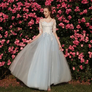 Piękne Błękitne Sukienki Na Bal 2018 Princessa Aplikacje Wycięciem 1 2 Rękawy Długie Sukienki Wizytowe