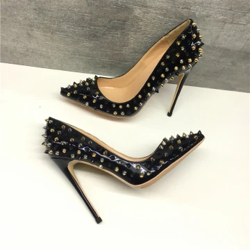 Unieke Zwarte Avond Pumps 2019 Klinknagel 12 Cm Naaldhakken Stiletto Spitse Neus Pumps