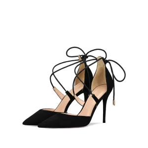 Chic Beautiful Casual Black Womens Sandals 2019 Suede X Strap Bow 10 Cm Stiletto Heels Pointed Toe High Heels
