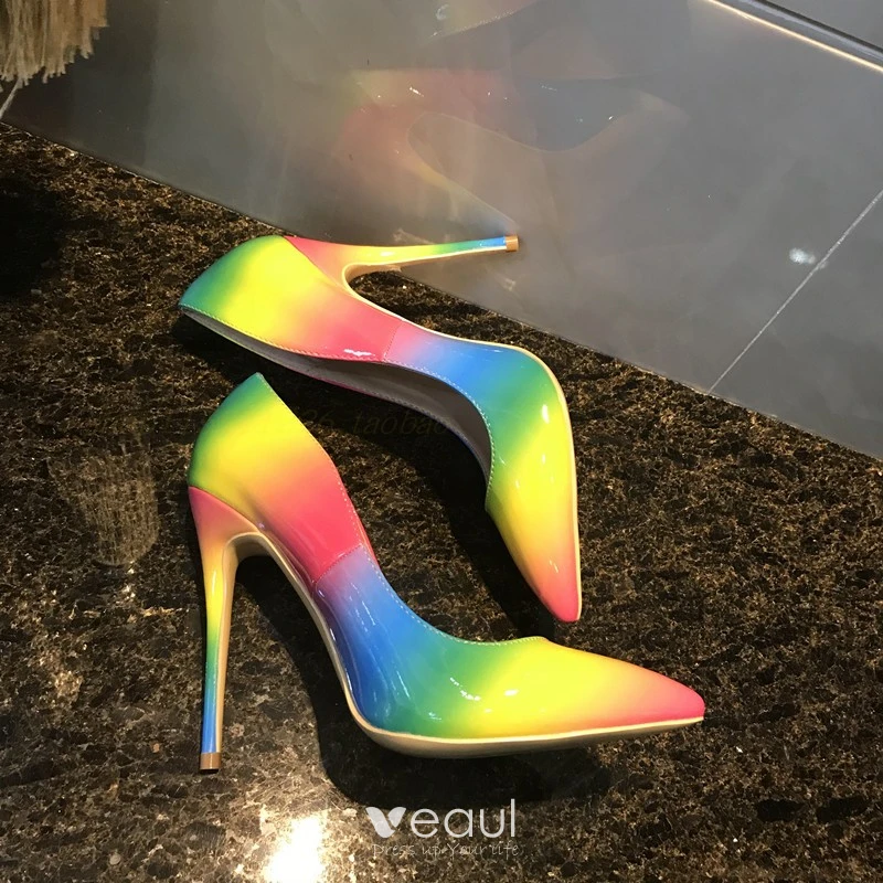Chic Belle Arc en ciel Multi Couleurs Soiree Escarpins 2019 Cuir Verni 12 cm Talons Aiguilles A Bout Pointu Escarpins