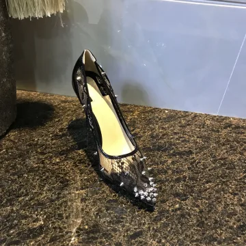 Sexy Noire Soirée Escarpins 2019 En Dentelle Rivet 10 Cm 4 Inch Talons Aiguilles À Bout Pointu Escarpins