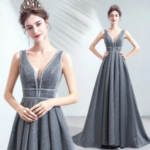 Charming Silver Grey Evening Dresses 2019 A Line Princess V Neck Sequins Sleeveless Backless Floor Length Long Formal Dresses