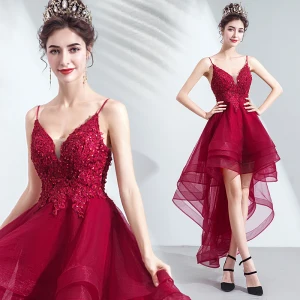 Sexy Høy Lav Burgunder Cocktailkjoler 2019 Prinsesse Spaghettistropper Beading Paljetter Blonder Blomst Uten Ermer Ryggløse Asymmetrisk Formelle Kjoler