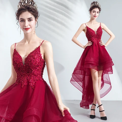 Sexy Høy Lav Burgunder Cocktailkjoler 2019 Prinsesse Spaghettistropper Beading Paljetter Blonder Blomst Uten Ermer Ryggløse Asymmetrisk Formelle Kjoler