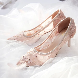 Uroczy Ecru Buty Ślubne 2019 Z Koronki Aplikacje Rhinestone 7 Cm Szpilki Szpiczaste Ślub Czółenka