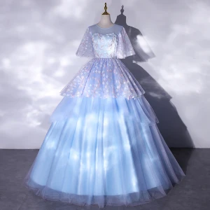 Classy Sky Blue Prom Dresses 2021 Ball Gown Scoop Neck Embroidered Appliques Short Sleeve Floor Length Long Formal Dresses