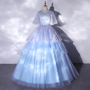 Classy Sky Blue Prom Dresses 2021 Ball Gown Scoop Neck Embroidered Appliques Short Sleeve Floor Length Long Formal Dresses