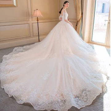 Elegant Champagne Wedding Dresses 2018 Ball Gown Lace Appliques Spaghetti Straps Backless Cathedral Train Short Sleeve Wedding