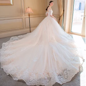 Elegante Champagner Brautkleider 2018 Ballkleid Mit Spitze Applikationen Spaghettiträger Rückenfreies Kathedrale Schleppe Kurze Ärmel Hochzeit