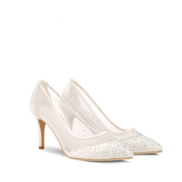 Charmant Ivoire Soirée Escarpins 2019 Cuir Satin En Dentelle Faux Diamant 8 Cm Talons Aiguilles À Bout Pointu Escarpins