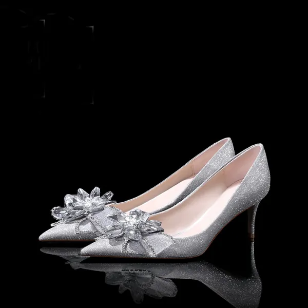 Gama Alta Brillante Plata Zapatos de novia 2019 Crystal Rhinestone Lentejuelas 6 cm Stilettos / Tacones De Aguja Punta Estrecha Boda Tacones