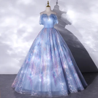 Élégant Bleu Ciel Glitter Robe De Bal 2021 Robe Boule Volants Encolure Carrée Sans Manches Dos Nu Longue Robe De Ceremonie