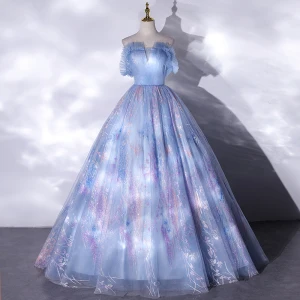 Elegantes Azul Cielo Glitter Vestidos De Gala 2021 Ball Gown Ruffle Escote Cuadrado Sin Mangas Sin Espalda Largos Vestidos Formales