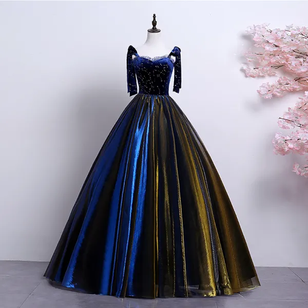 Elegant Royal Blue Gold Prom Dresses 2019 A-Line / Princess Spaghetti Straps Suede Lace Star Sleeveless Backless Floor-Length / Long Formal Dresses