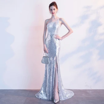 Sexy Scintillantes Argenté Robe De Soirée 2019 Trompette Sirène Une Épaule Paillettes Sans Manches Dos Nu Fendue Devant Train De Balayage Robe De Ceremonie