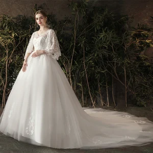 Chic Beautiful Ivory Pregnant Wedding Dresses 2019 A Line Princess V Neck Pearl Lace Flower 3 4 Sleeve Backless Chapel Train