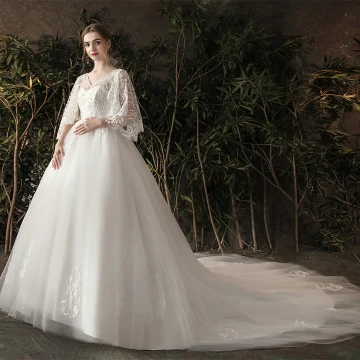 Chic Belle Ivoire Enceinte Robe De Mariée 2019 Princesse V Cou Perle En Dentelle Fleur 3 4 Manches Dos Nu Chapel Train