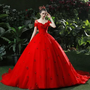 High End Red Wedding Dresses 2019 Ball Gown V Neck Pearl Rhinestone Appliques Short Sleeve Backless Chapel Train