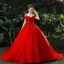 Haut de Gamme Rouge Robe De Mariée 2019 Robe Boule V-Cou Perle Faux Diamant Appliques Manches Courtes Dos Nu Chapel Train