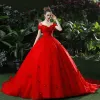 High-end Red Wedding Dresses 2019 Ball Gown V-Neck Pearl Rhinestone Appliques Short Sleeve Backless Chapel Train