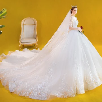 Élégant Ivoire Robe De Mariée 2020 Princesse V Cou En Dentelle Fleur 1 2 Manches Dos Nu Cathedral Train