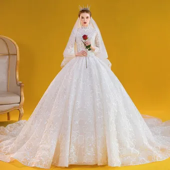 Vintage Retro Ivory Ball Gown Wedding Dresses 2020 High Neck Lace Flower Long Sleeve Royal Train