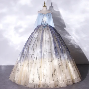 Mode Bleu Ciel Dégradé De Couleur Robe De Bal 2021 Robe Boule Bretelles Spaghetti Paillettes En Dentelle Fleur Sans Manches Dos Nu Longue Robe De Ceremonie