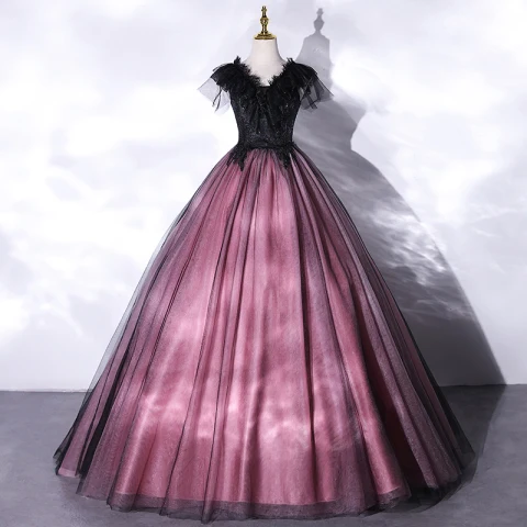 Elegantes Morado Con Encaje Flor Vestidos de gala 2021 A-Line / Princess V-Cuello Rebordear Manga Corta Largos Vestidos Formales