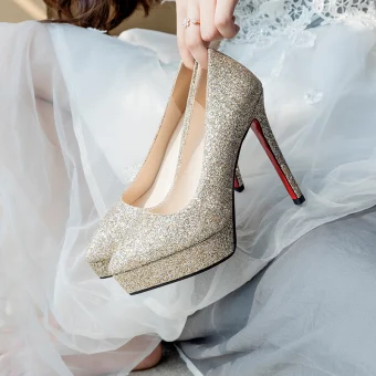 Modern Fashion Gold Wedding Shoes 2019 Sequins 12 Cm Stiletto Heels Pointed Toe Wedding Pumps