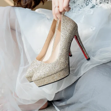 Modern Goud Bruidsschoenen 2019 Pailletten 12 Cm Naaldhakken Stiletto Spitse Neus Huwelijk Pumps